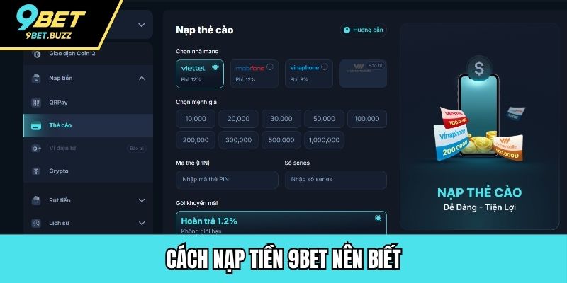 Cách nạp tiền 9BET nên biết